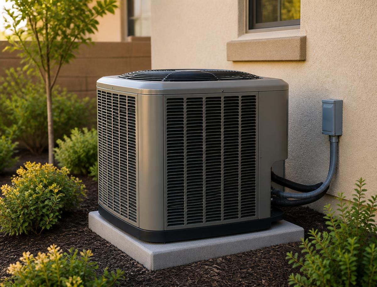New high-efficiency air conditioner condenser neatly installed on a concrete pad