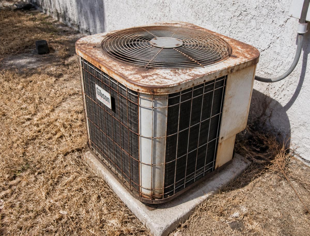 Rusted, failing air conditioner condenser beside a stucco home
