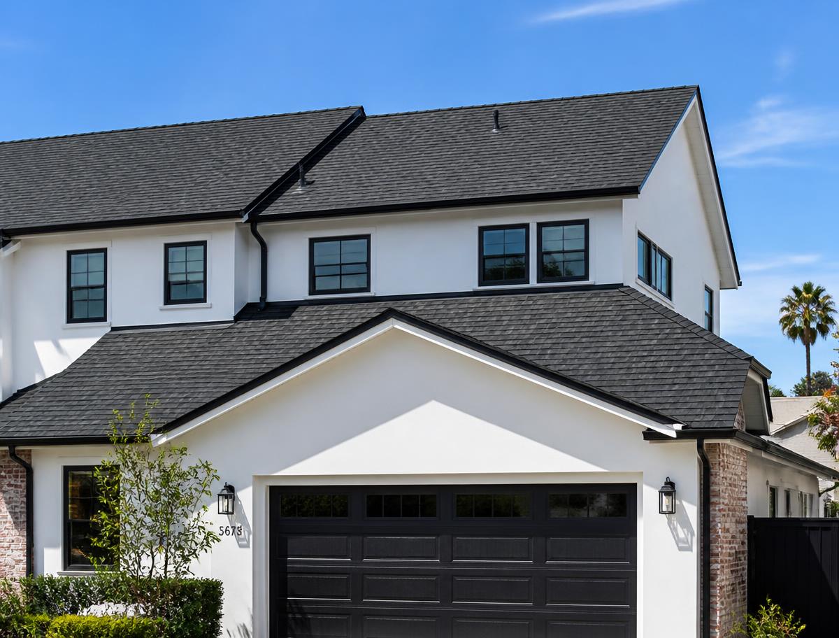 Newly installed charcoal architectural shingle roof on a California home