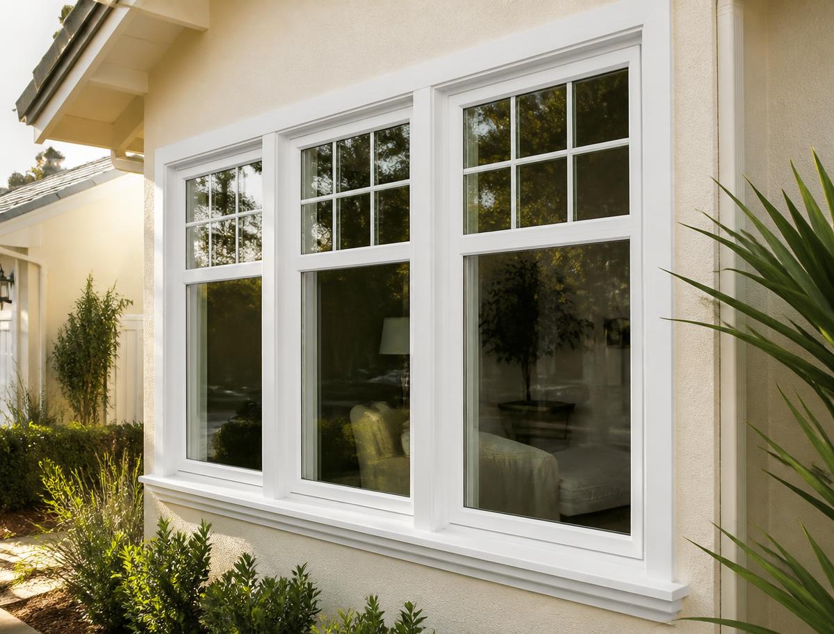 New white energy-efficient windows installed on a stucco home
