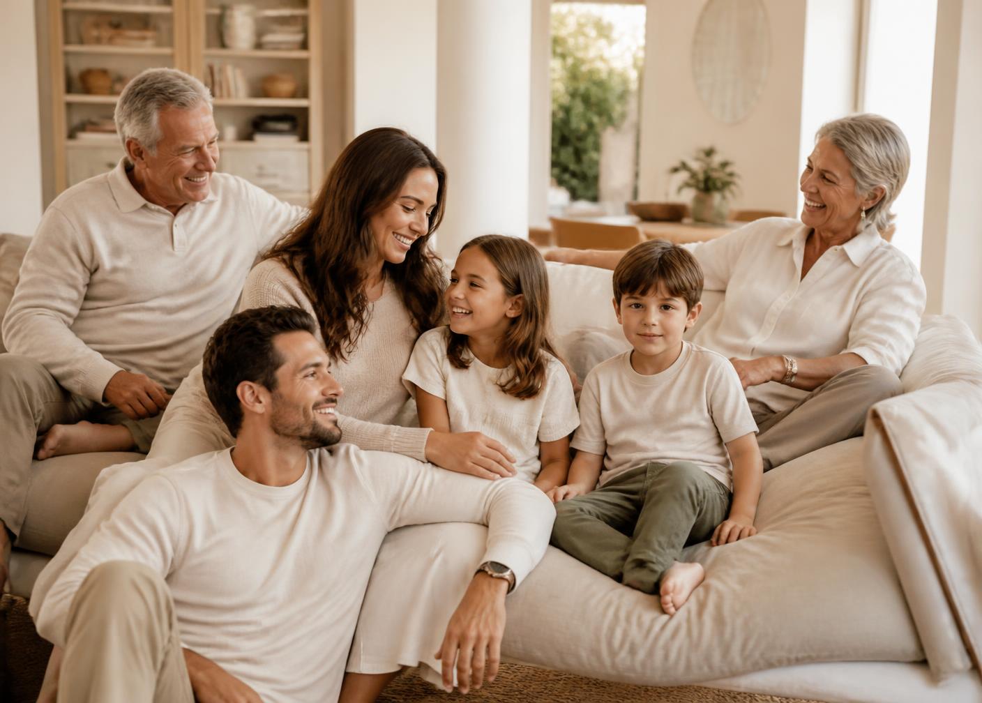 A family relaxing together in a bright, comfortable living room