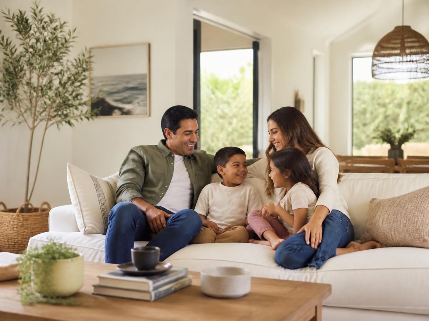 Family relaxing comfortably in a sunlit Southern California living room