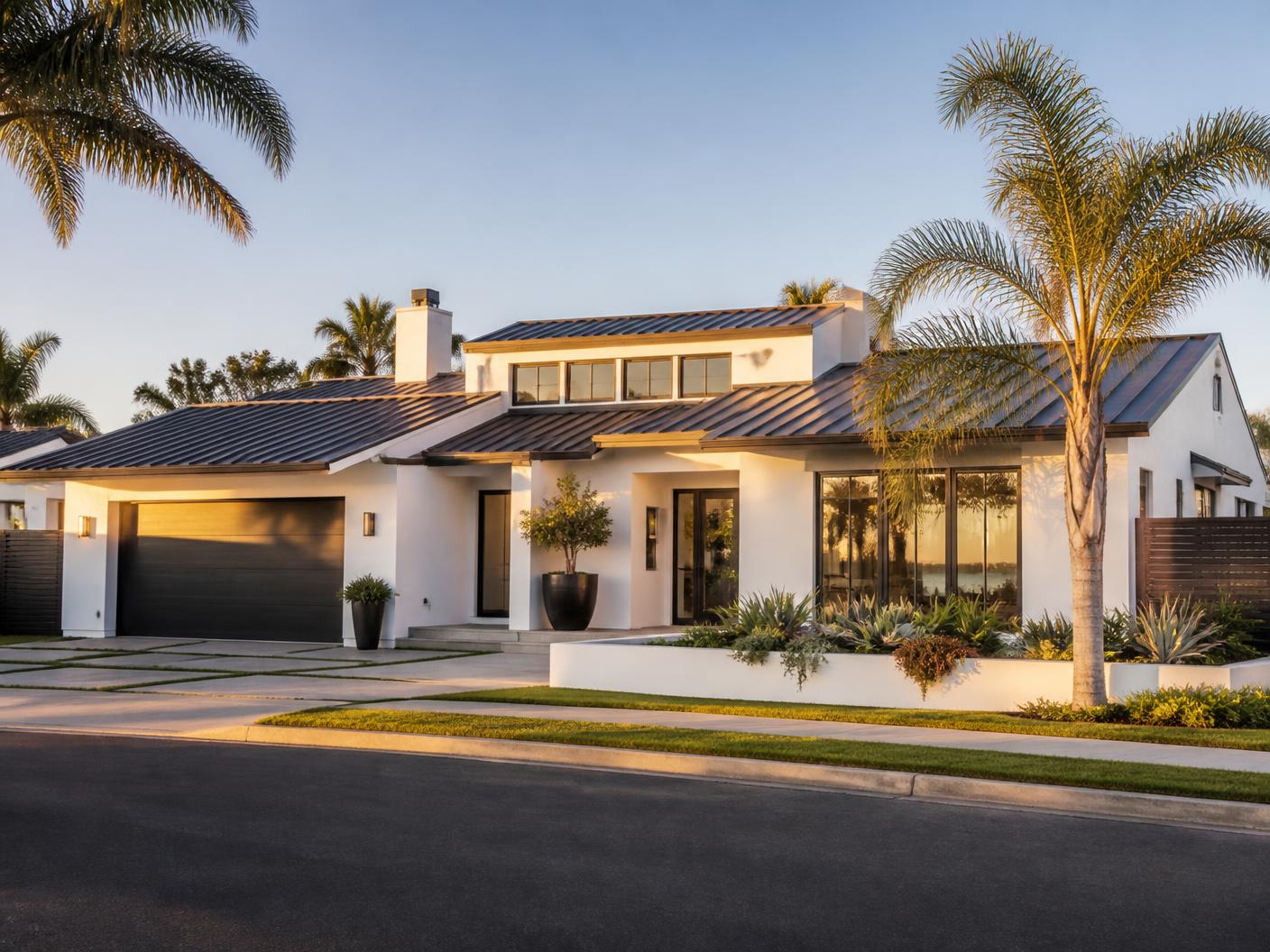 Modern Southern California home with a clean new roofline at golden hour