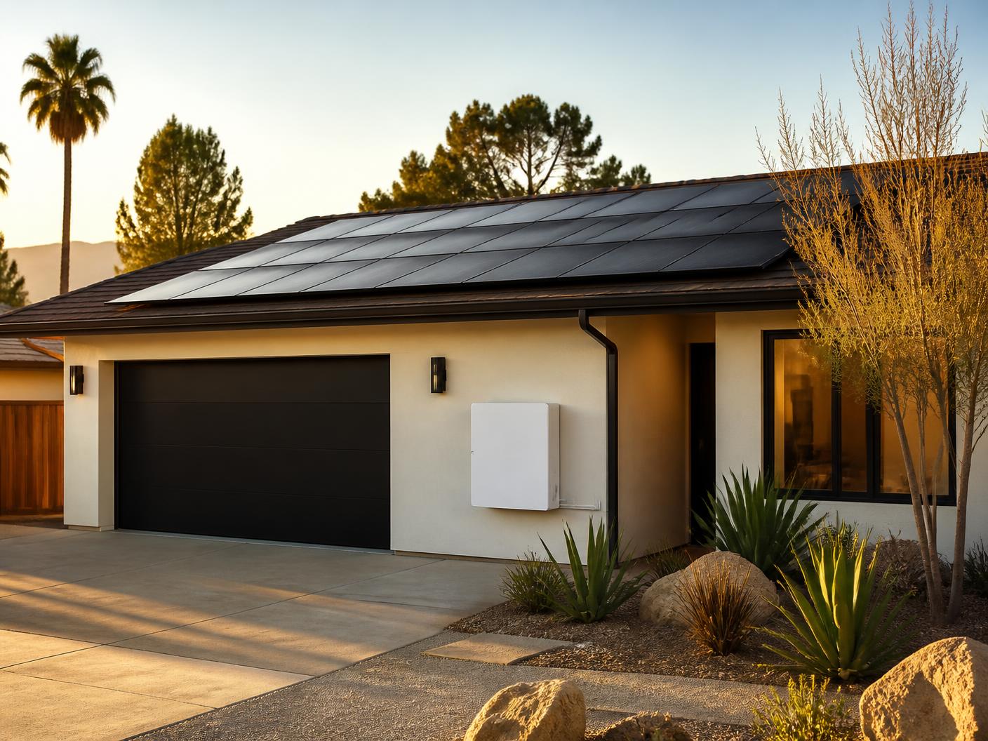Southern California home with a clean rooftop solar array at golden hour