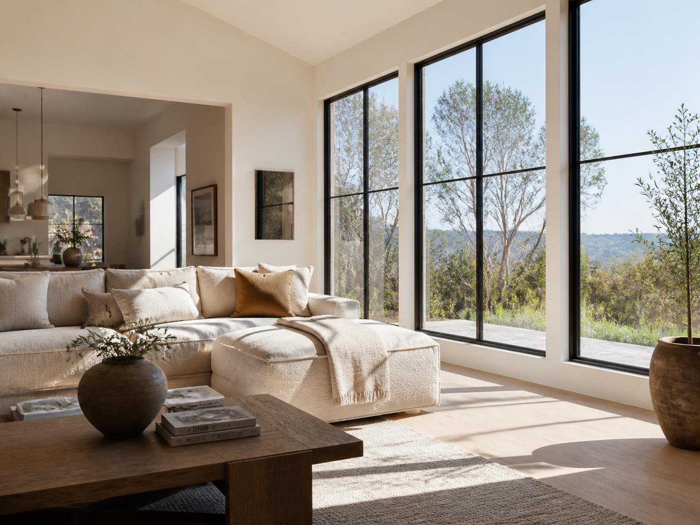 Sunlight through large modern windows in a warm minimal California living room
